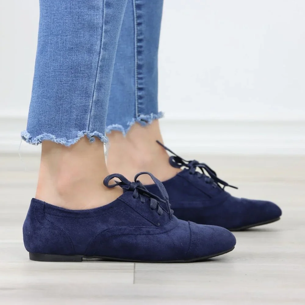 Navy Faux Suede Lace up Oxford Style Shoes Flats - Picture 3 of 12